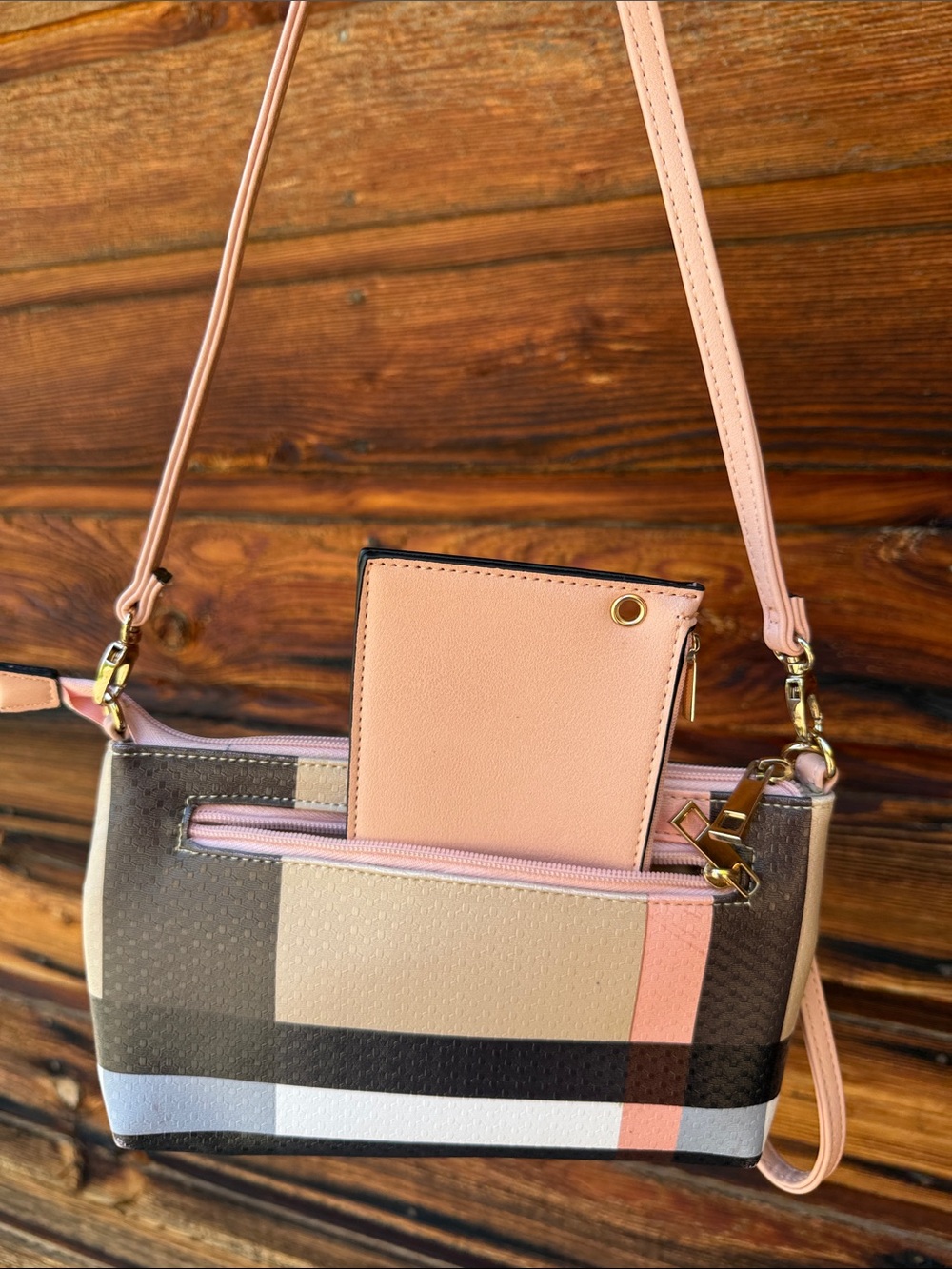 Women’s Peach Plaid 2 in 1 Crossbody Bag & Wristlet with Matching Wallet